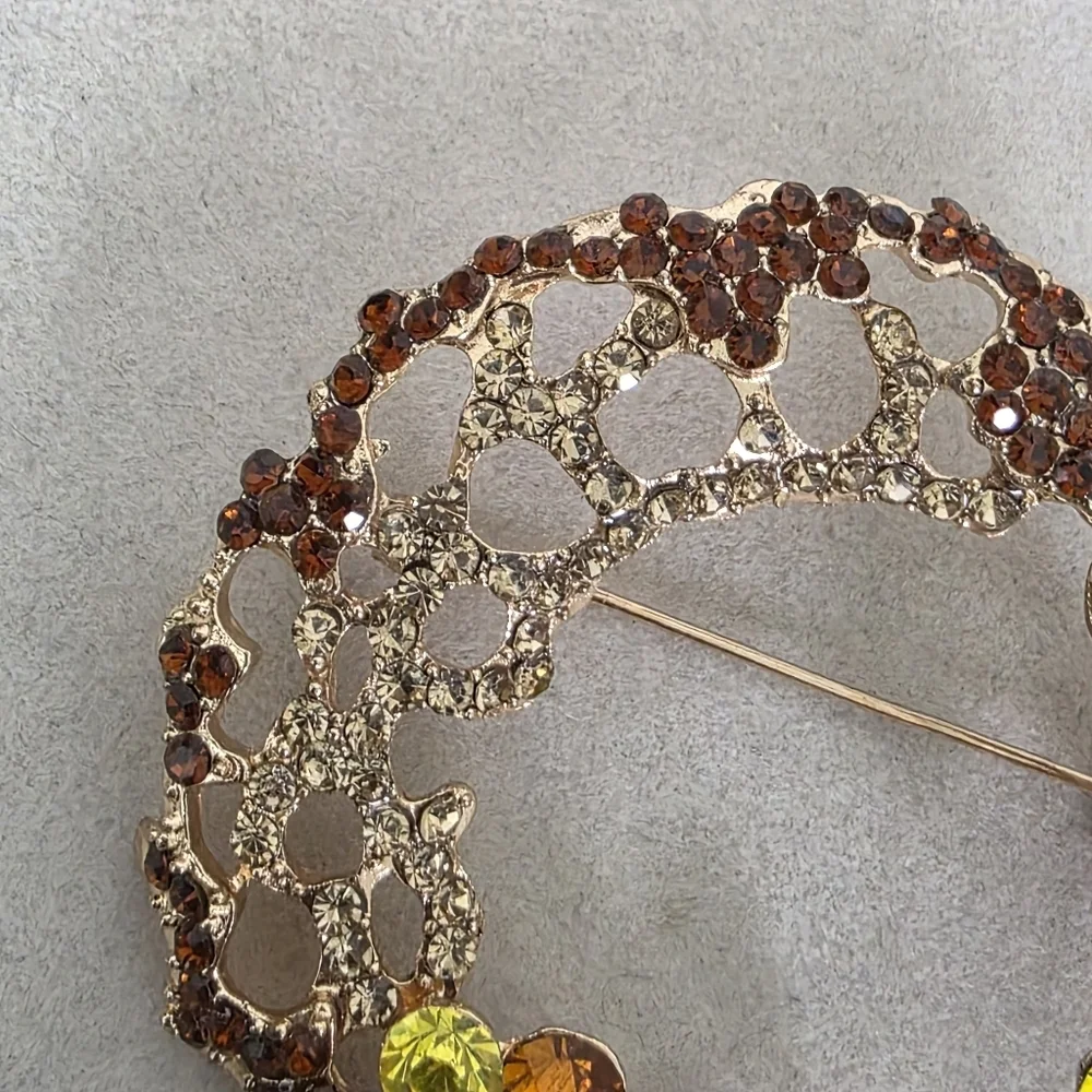 Gold Statement Crescent Moon Brooch Pin Amber Topaz Yellow Rhinestone